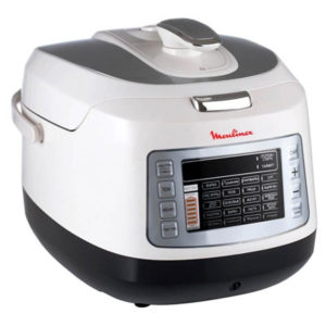 On the table is a multicooker Moulinex, with buttons for controlling operating modes.